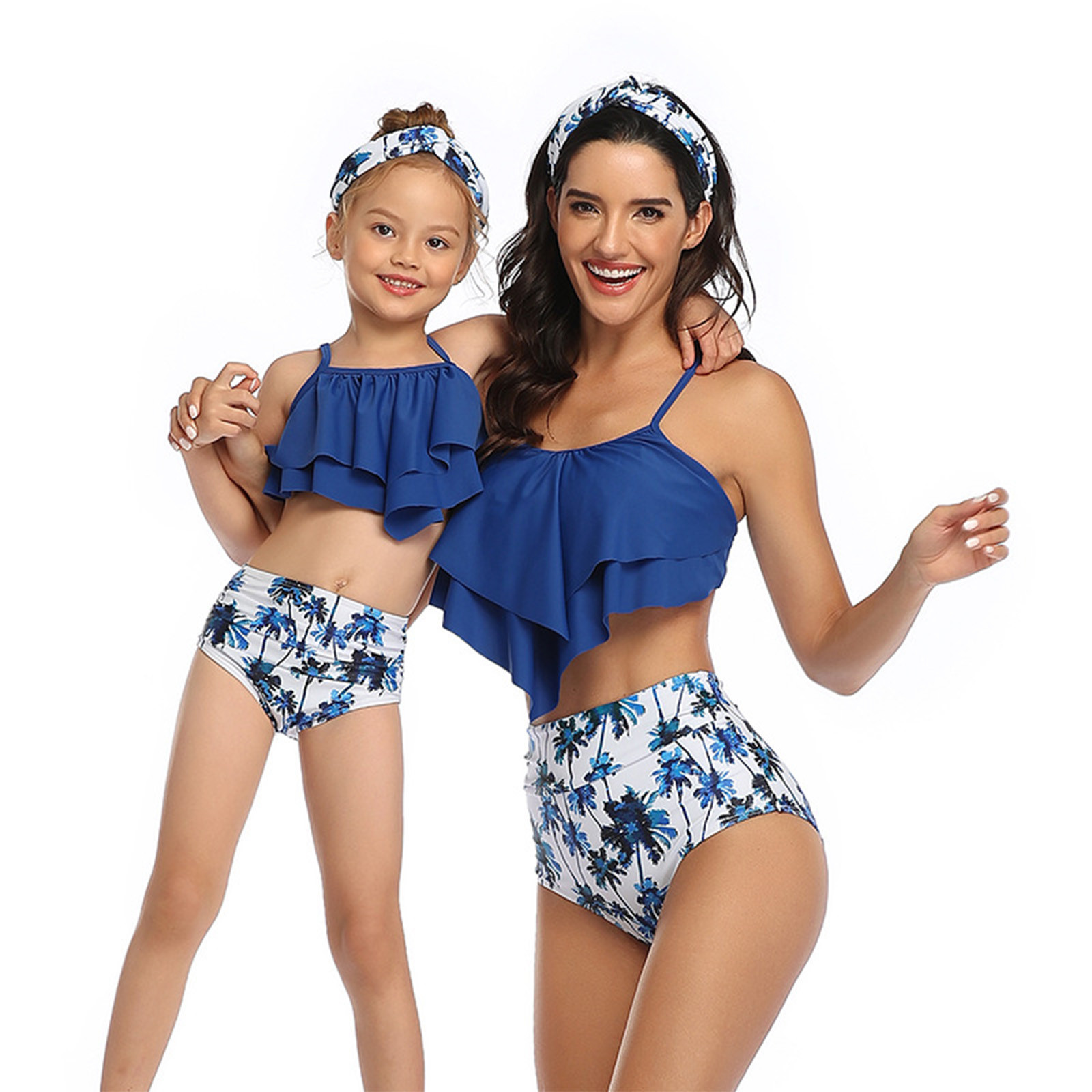 Odeerbi Mommy and Me Swimsuits Two Pieces Ruffles Bikini Set Colorblock Family Matching Swimwear Bathing Suits Print Hollow Out Backless Family Swimsuits Matching Set for Girls Blue